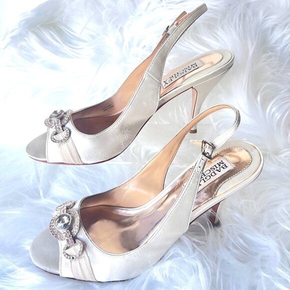 Badgley Mischka Xulia Ivory Satin Low Heels Peep Toe Slingback Wedding heels 7.5 - Picture 2 of 9